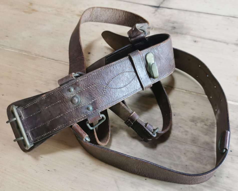 WW2-era 1940s officer's Sam Browne leather belt by Greatrex, undated, signed by owner