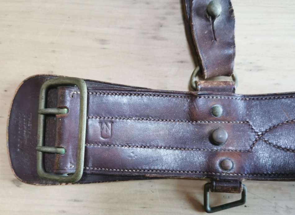 WW2 officer's Sam Browne leather belt by Frank R Pardow of Walsall, issued to Union Defence Force