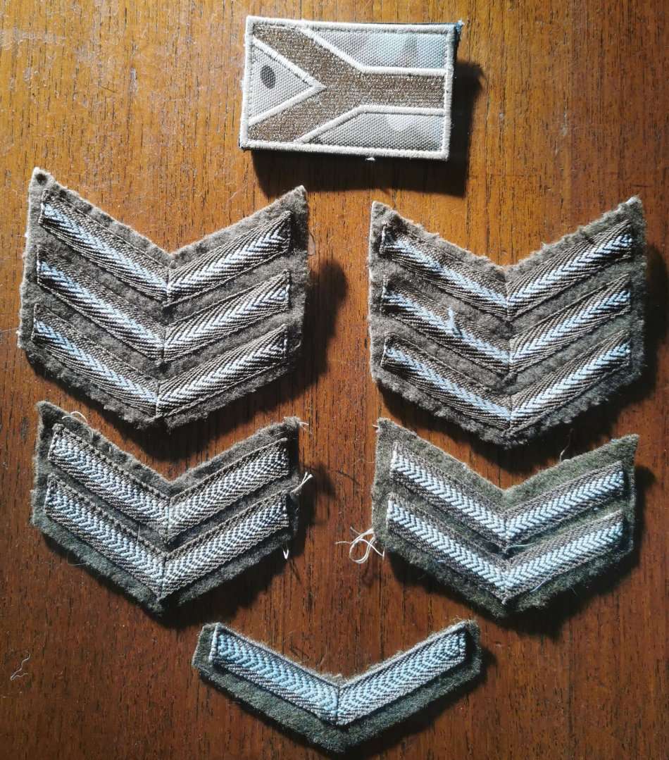 SADF lot of 5 rank stripes plus SA camo flag
