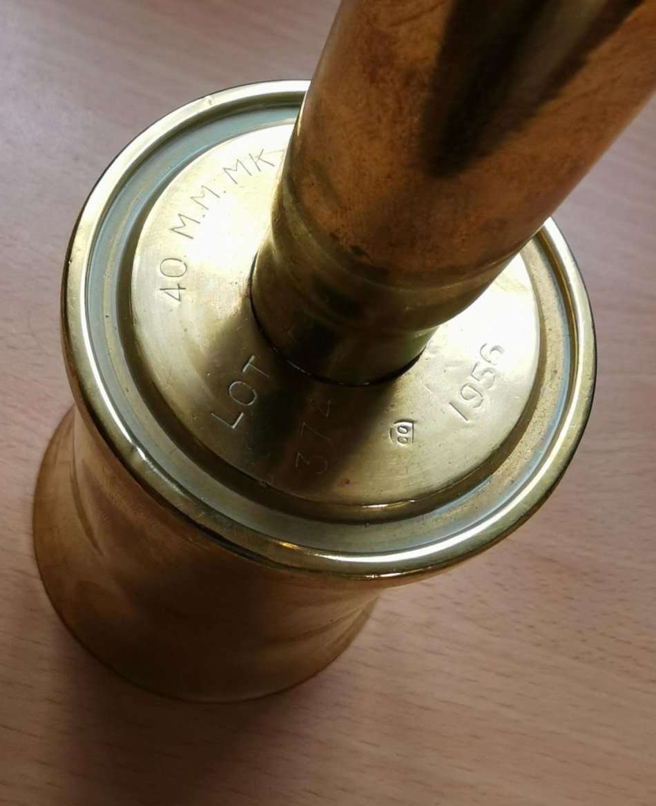 Dinner bell made from 40mm British bofors shell + 20mm MG151 Allouette helicopter cannon shell 1956