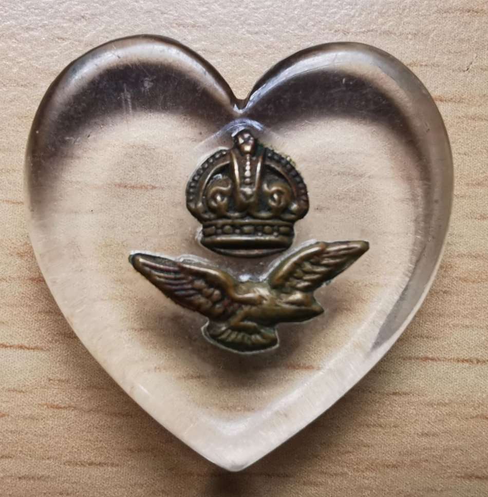 WW2 lot of 3 RAF perspex sweetheart items - 2 hearts and 1 diamond