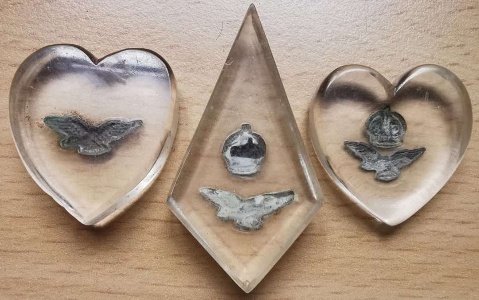 WW2 lot of 3 RAF perspex sweetheart items - 2 hearts and 1 diamond