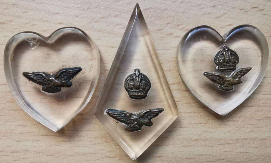 WW2 lot of 3 RAF perspex sweetheart items - 2 hearts and 1 diamond