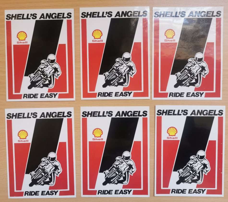 Lot of 6 vintage Shell`s Angels Ride Easy Motorcycle decal stickers