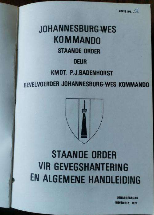 SADF Johannesburg West Commando pair of Afrikaans standing order manuals