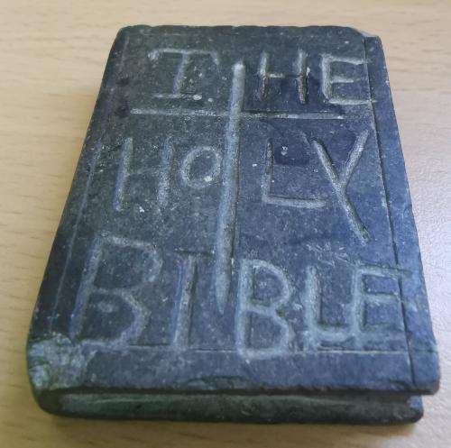 Small hand-carved soapstone or slate The Holy Bible / The Boer War trench art