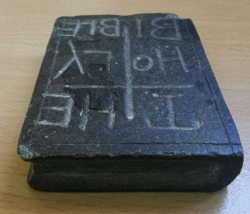 Small hand-carved soapstone or slate The Holy Bible / The Boer War trench art