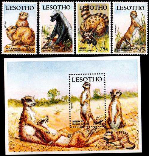 Lesotho set of 4 mint stamps Small Mammals 1988 + FREE SOUVENIR SHEET - bid per stamp to take all