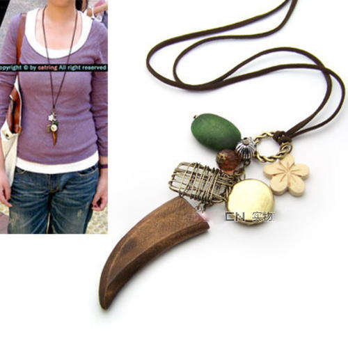 Vintage Style Wooden Charm Pendant Necklace