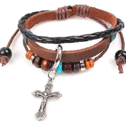 LEATHER CHARM BRACELET - CRUCIFIX