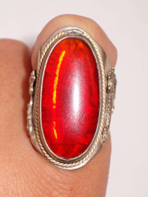 Tibet Silver Red Jade inlay kwan-yin ring