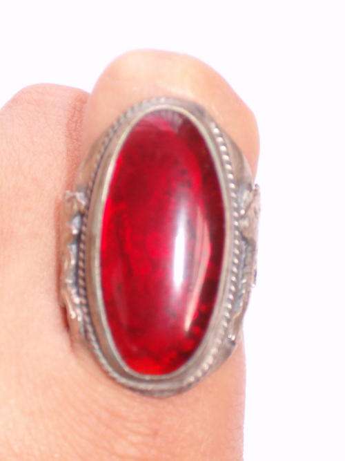 Tibet Silver Red Jade inlay kwan-yin ring