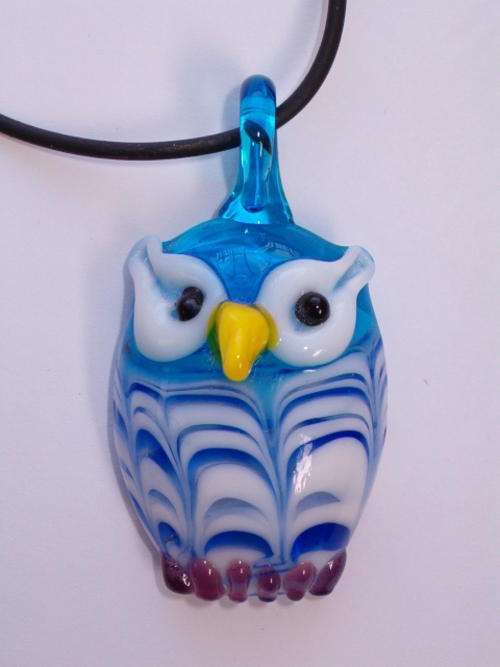 Cute Murano Lampwork Glass Blue Owl Pendant