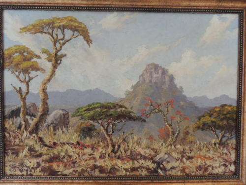 ERNEST BENJAMIN KING - OIL ON BOARD - BUSHVELD LANDSCAPE DATED 1957