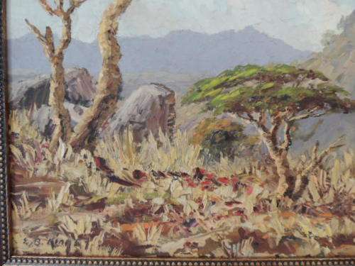 ERNEST BENJAMIN KING - OIL ON BOARD - BUSHVELD LANDSCAPE DATED 1957