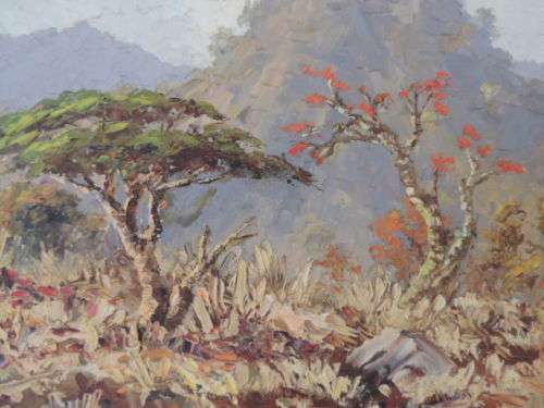 ERNEST BENJAMIN KING - OIL ON BOARD - BUSHVELD LANDSCAPE DATED 1957