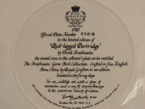 ROYAL GRAFTON LIMITED EDITION PLATE 1987 - "RED-LEGGED PARTRIDGE" - BOXED