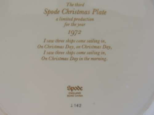 SPODE CHRISTMAS PLATE 1972 "I SAW THREE SHIPS" - LIMITED PRODUCTION