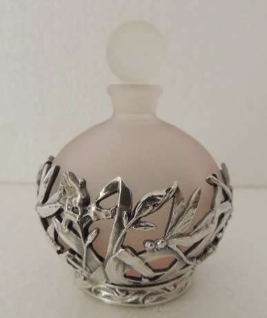 FROSTED PINK PERFUME BOTTLE WITH AMAZING ART NOUVEAU STYLE DECORATION