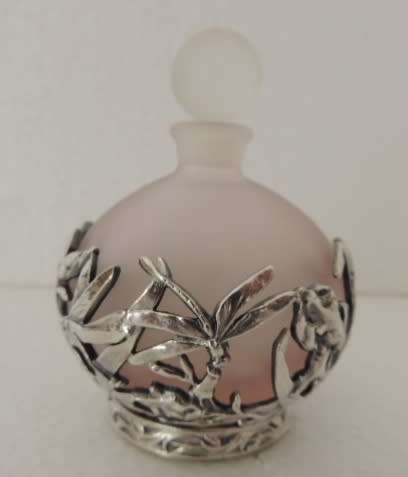 FROSTED PINK PERFUME BOTTLE WITH AMAZING ART NOUVEAU STYLE DECORATION