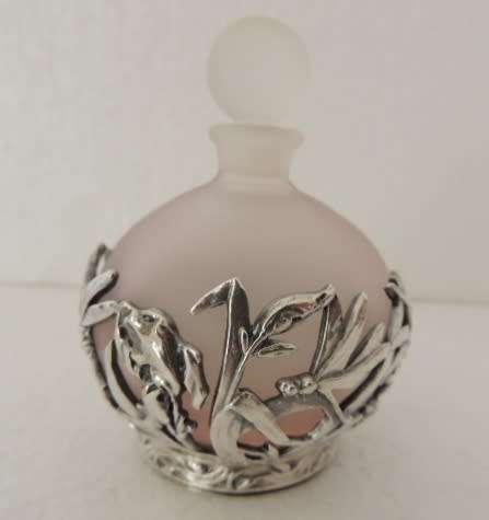 FROSTED PINK PERFUME BOTTLE WITH AMAZING ART NOUVEAU STYLE DECORATION