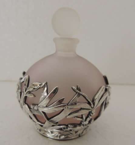 FROSTED PINK PERFUME BOTTLE WITH AMAZING ART NOUVEAU STYLE DECORATION