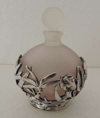 FROSTED PINK PERFUME BOTTLE WITH AMAZING ART NOUVEAU STYLE DECORATION