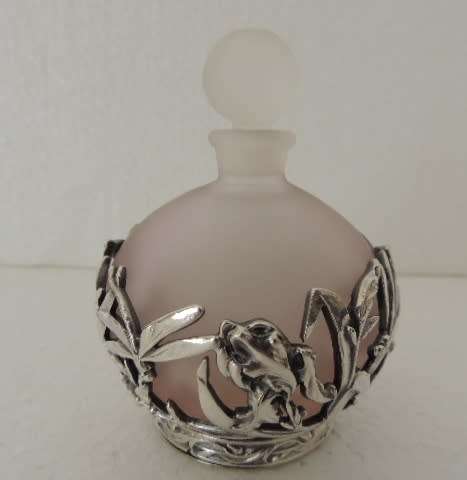 FROSTED PINK PERFUME BOTTLE WITH AMAZING ART NOUVEAU STYLE DECORATION