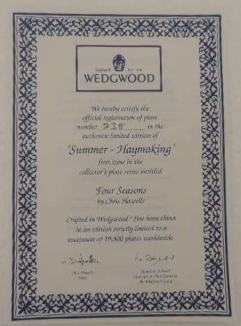 WEDGWOOD RACK PLATE - FOUR SEASONS - "SUMMER HAYMAKING" WITH COA