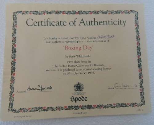 SPODE PLATE THE NOBLE HORSE CHRISTMAS COLLECTION - "BOXING DAY" BOXED WITH COA