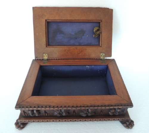EXQUISITELY CARVED TEAK BOX ON PAW FEET