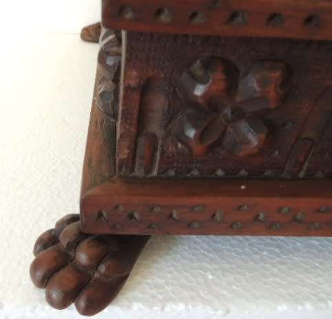 EXQUISITELY CARVED TEAK BOX ON PAW FEET