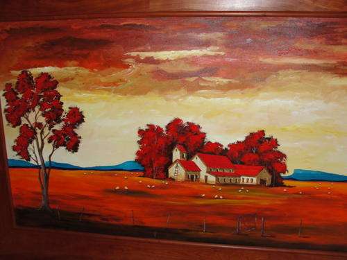Farm scene oil painting with rosewood frame