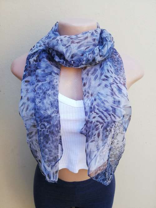 LADIES SCARF - GREY & BLUE LEOPARD PRINT (CHIFFON)