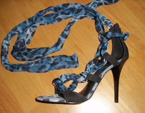 GUESS Black High Heeled Sandals with Blue Leopard Print tie detail - size 8 *** FREE POSTAGE ***