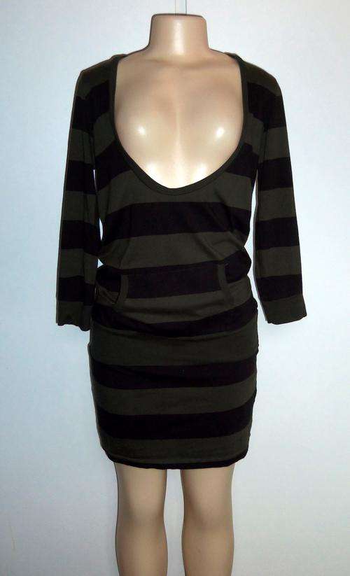 Dark Khaki and Black Striped Hooded Dress with Open Bust Area by STRADIVARIUS - Size Large