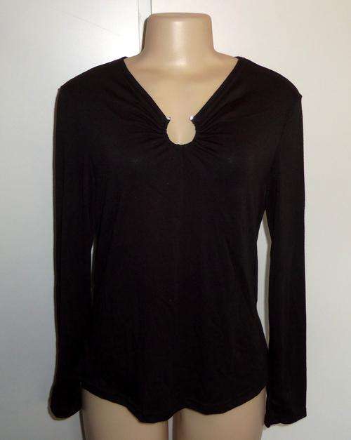 Black Long Sleeved Top with Front Diamante Detail - Size Large ** New **
