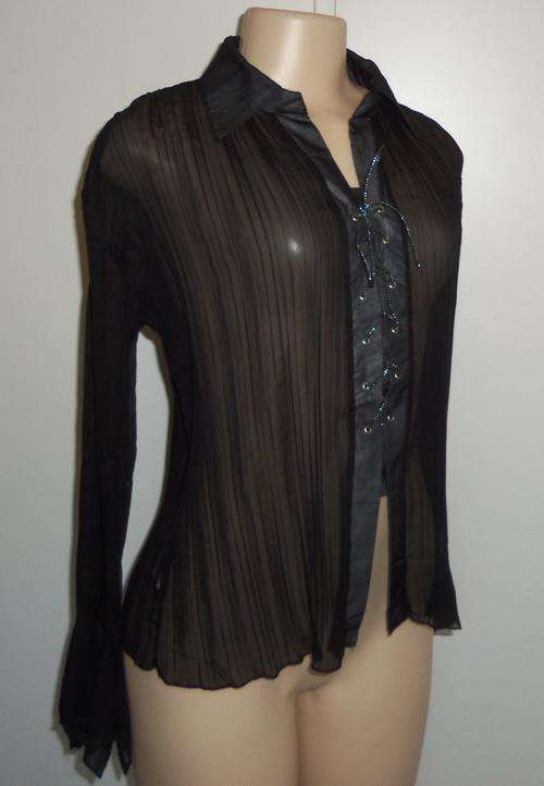 Black Long Sleeved Pleated Chiffon Shirt by H&H - Size XL