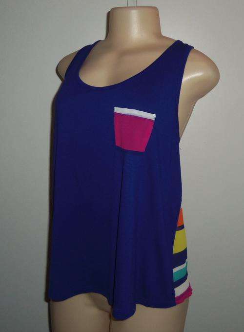 Blue Top with Bright Stripes on Racer Back by WOOLWORTHS - Size M/L *** BRAND NEW ***
