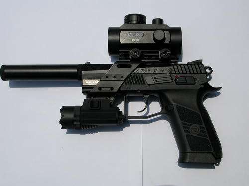 Brand New ASG CZ 75 P-07 Duty Blowback gun. Red dot sight, Tactical Torch + silencer included.