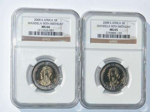 CRAZY R1 START. MANDELA 2008 R5 BIRTHDAY. 2 COINS. MS 65 MS 66.