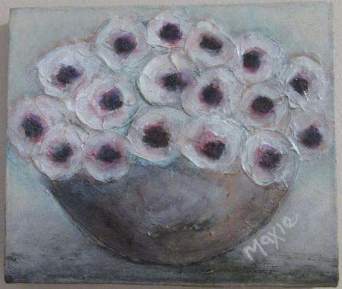 BOWL OF WHITE FLOWERS by MAXIE LESSING - ACRYLIC ON CANVAS BOARD