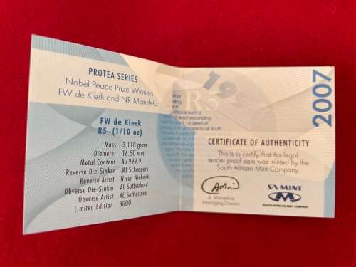 SA Munt Protea Series 1/10 oz - 2007 FW de Klerk
