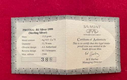 R1 Silver Proof `Mining` Protea 1999