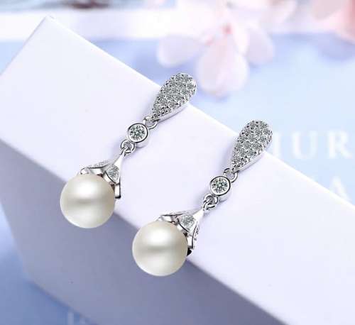 925 Silver Clear Crystal Pearl Earrings