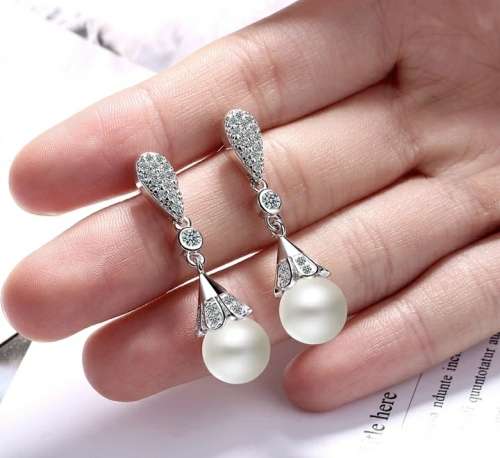 925 Silver Clear Crystal Pearl Earrings