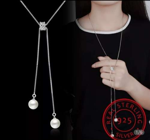 925 Silver Long Necklace with Pearls