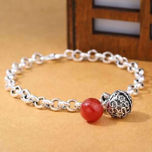 925 Silver Vintage Bell and Red Stone Bracelet