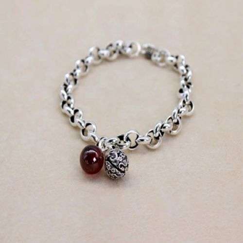 925 Silver Vintage Bell and Red Stone Bracelet