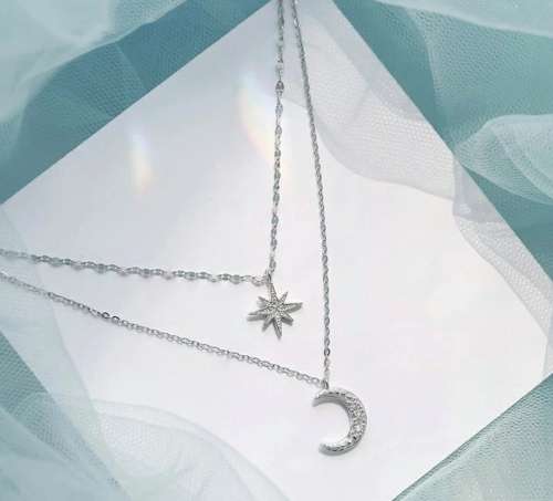 925 Silver Double Layer Moon and Star Necklace